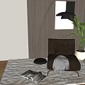 Modern Comfortable Beige Accent Chair With Plaid Blanket Throw Pillow And Green Plant Near Window
