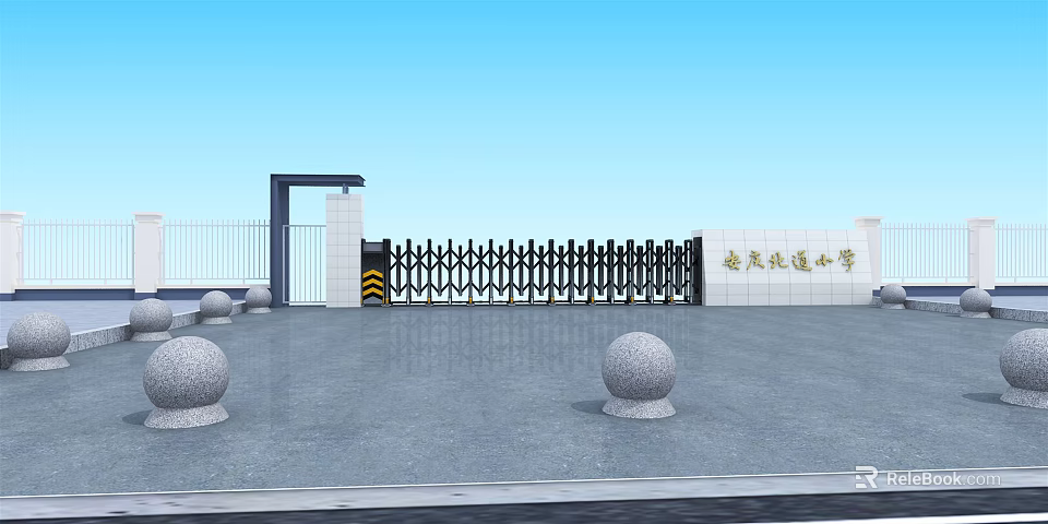School Entrance Gate with Iron Retractable Design Stone Balls Pillars and Gray Pavement 3d model 