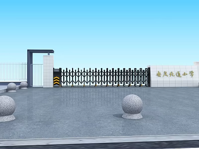School Entrance Gate with Iron Retractable Design Stone Balls Pillars and Gray Pavement 3d model