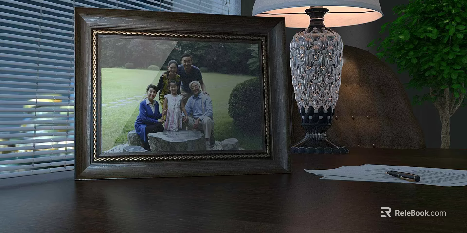 Classic Photo Frame With Family Photo On Wooden Tabletop And Crystal Lamp 3d model 