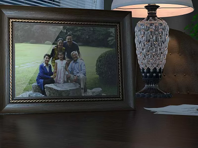Classic Photo Frame With Family Photo On Wooden Tabletop And Crystal Lamp 3d model