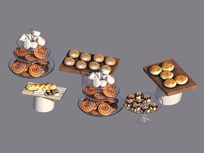 Assorted Delicious Pastries and Breads Display on Various Trays and Stands 3d model