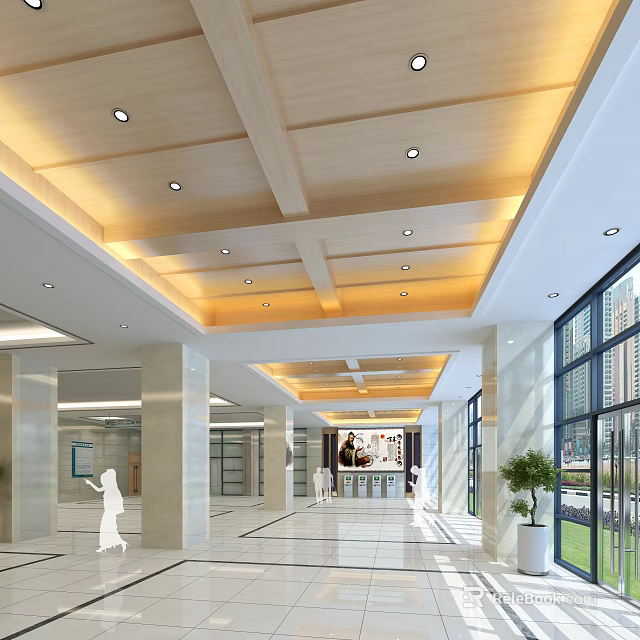 Hospital Outpatient Clinic Spacious Bright Lobby With Wooden Ceiling Design Marble Pillars And Reception Area 3d model 