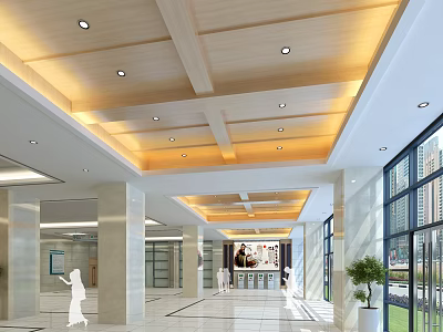 Hospital Outpatient Clinic Spacious Bright Lobby With Wooden Ceiling Design Marble Pillars And Reception Area 3d model