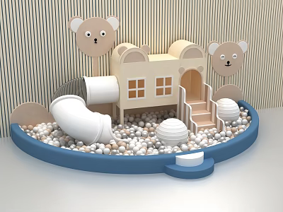 Children's Play Equipment with Small House Stairs White Slide Ball Pit and Bear Decorations 3d model