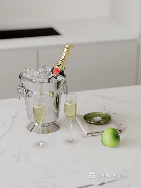 Champagne Bottle and Wine Glasses on Marble Table with Ice Bucket Green Apple 3d model 