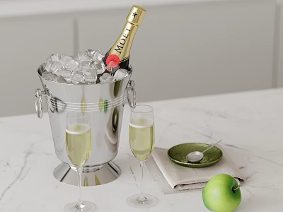 Champagne Bottle and Wine Glasses on Marble Table with Ice Bucket Green Apple 3d model