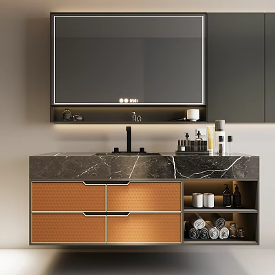 Modern Bathroom Cabinet With Marble Countertop Copper Drawers Mirror Faucet And Toiletries 3d model