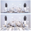 Elegant Dinnerware Set With Pumpkin Decor Bat Ornaments And Wheat Stalks On Table