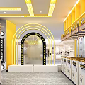 Indoor Amusement Park With Multiple Game Machines Yellow Background Walls Central Counter And Marble Floor