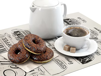Cup of Coffee with Chocolate Donuts White Teapot and Sugar Cubes on Patterned Mat 3d model
