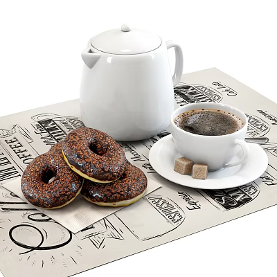 Cup of Coffee with Chocolate Donuts White Teapot and Sugar Cubes on Patterned Mat 3d model
