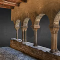 Cartoon Scene of Ancient Stone Arches with Carved Pillars and Wooden Doors in Medieval Courtyard