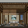 Traditional Chinese Style Hotel Room Interior With Wooden Structure Decorative Painting Sofa And Coffee Table