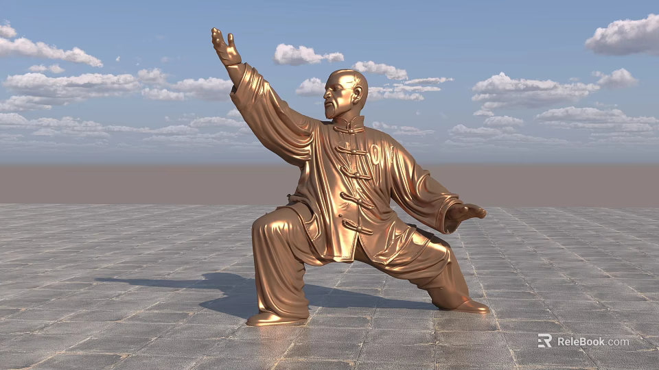 Bronze Landscape Sculpture of Tai Chi Pose with Blue Sky White Clouds on Stone Pavement 3d model 