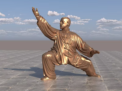 Bronze Landscape Sculpture of Tai Chi Pose with Blue Sky White Clouds on Stone Pavement 3d model