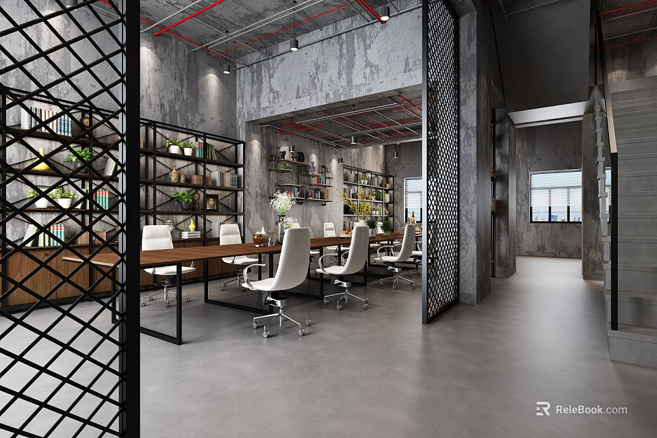 Industrial Style Office Interior Design With Metal Grid Partitions Bookshelves And White Chairs 3d model 
