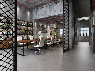 Industrial Style Office Interior Design With Metal Grid Partitions Bookshelves And White Chairs 3d model