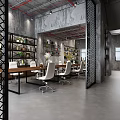 Industrial Style Office Interior Design With Metal Grid Partitions Bookshelves And White Chairs