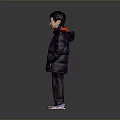 Man Wearing Purple Down Jacket And Purple Pants Standing Against Gray Background