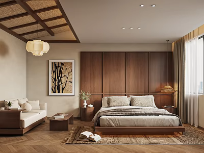 Cozy Natural Bedroom Interior With Wooden Paneling Double Bed Sofa Rug And Pendant Light 3d model
