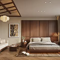 Cozy Natural Bedroom Interior With Wooden Paneling Double Bed Sofa Rug And Pendant Light