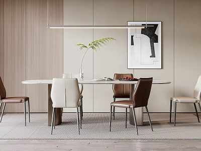 Modern Round Dining Table Set with Beige Brown Chairs Hanging Light and Minimalist Wall Art 3d model