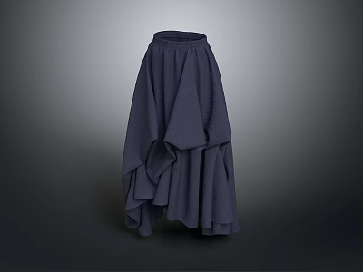 Dark Blue Asymmetrical Pleated Long Skirt With Flowy Layers And Elastic Waist 3d model