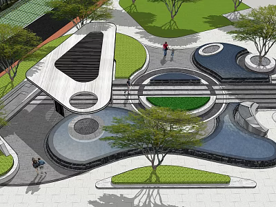 Modern Pergola Design With Curved Structure Green Lawn Trees And Pathways 3d model