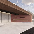 Modern Architectural Building With Red Brick Facade Glass Windows Sloped Roof And Open Plaza