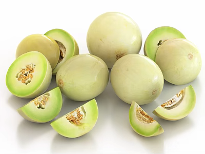 Fresh Honeydew Melon With Whole And Sliced Green Flesh And Juicy Seeds 3d model