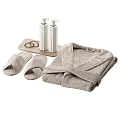 Cozy Daily Bath Essentials Including Bathrobe Slippers Lotion Bottles Wooden Tray and Hair Scrunchies