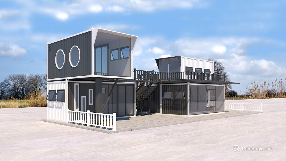 Two Story Container Building With Black White Exterior Large Windows And Balcony 3d model 