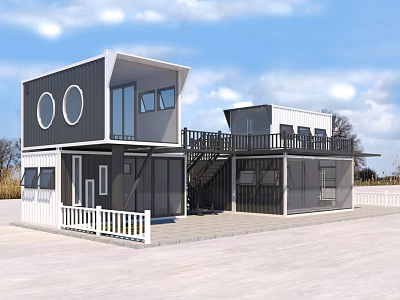 Two Story Container Building With Black White Exterior Large Windows And Balcony 3d model