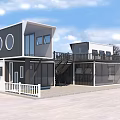 Two Story Container Building With Black White Exterior Large Windows And Balcony