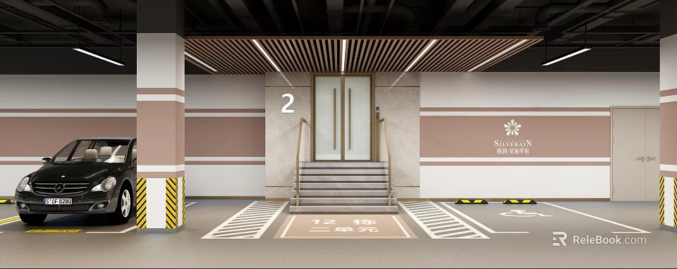Parking Lot Zone 2 Staircase With Handrails Steps Wooden Slat Ceiling And Floor Markings 3d model 