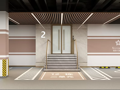 Parking Lot Zone 2 Staircase With Handrails Steps Wooden Slat Ceiling And Floor Markings 3d model