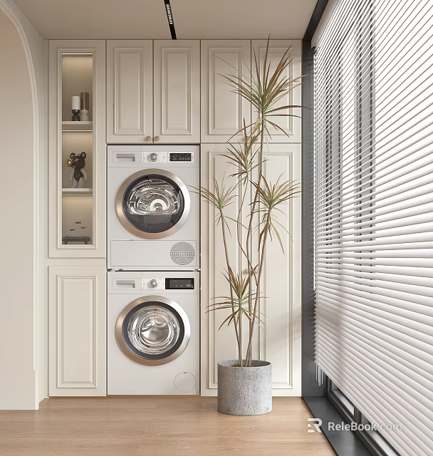 Modern Home Balcony Laundry Area With Stacked Washing Machines White Cabinets Potted Plant And Blinds 3d model 