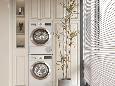 Modern Home Balcony Laundry Area With Stacked Washing Machines White Cabinets Potted Plant And Blinds 3d model