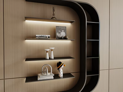 Modern Decorative Cabinet With Shelves And Decorative Items On Wooden Wall 3d model