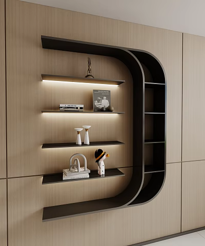 Modern Decorative Cabinet With Shelves And Decorative Items On Wooden Wall 3d model