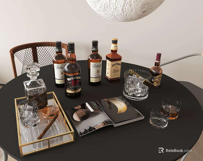 Elegant Whiskey Bottles And Glasses On Black Table With Cigars Tray Magazine And Pendant Light 3d model 