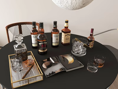 Elegant Whiskey Bottles And Glasses On Black Table With Cigars Tray Magazine And Pendant Light 3d model