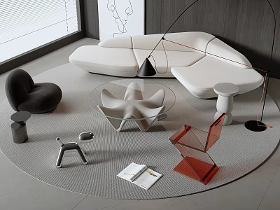 Modern White Sofa And Glass Coffee Table Set With Round Rug And Floor Lamp 3d model