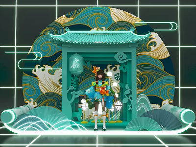 Chinese Style Scene With Traditional Patterns Fan And Character 3d model
