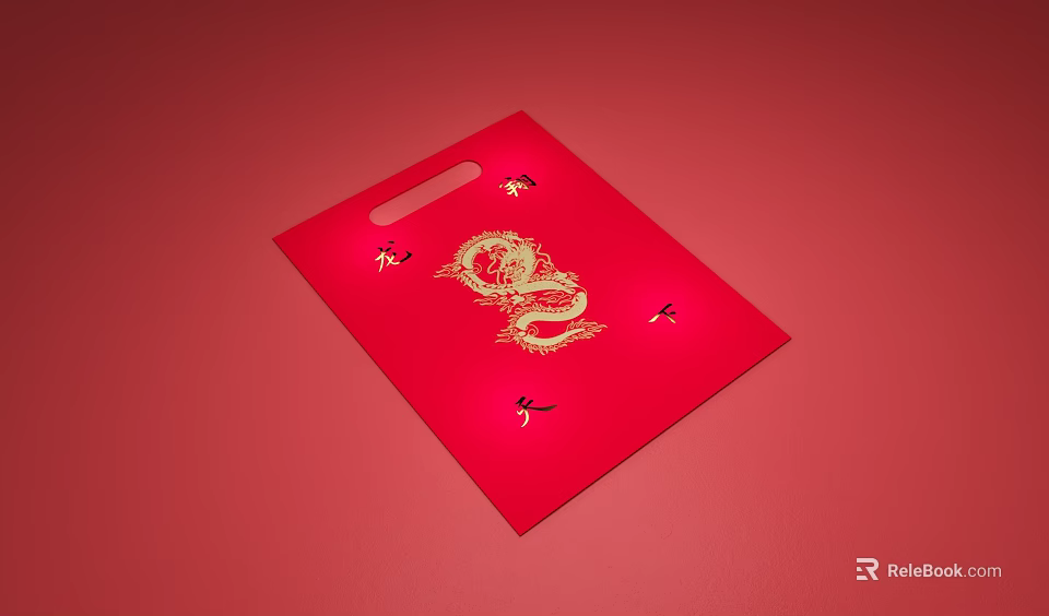 Red Gift Bag With Golden Dragon Design And Small Decorative Elements 3d model 