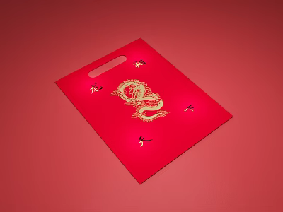 Red Gift Bag With Golden Dragon Design And Small Decorative Elements 3d model