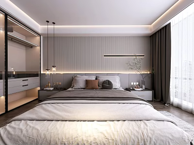 Modern Bedroom Interior Design With Platform Bed Pendant Lights Nightstands And Built In Wardrobe 3d model