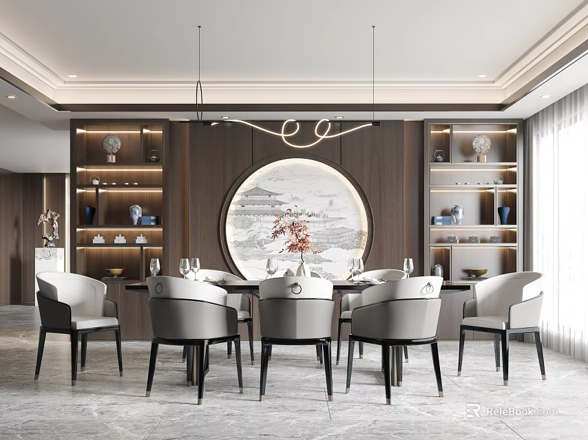 Modern Restaurant Interior With Round Dining Table Gray Chairs Wooden Backdrop Circular Artwork And Pendant Lights 3d model 