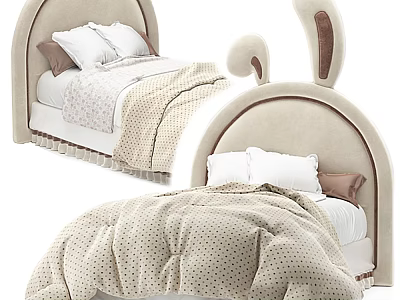 Beige Kids Bed With Rabbit Ear Headboard And Polka Dot Quilt 3d model